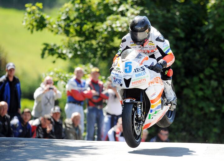 6/6/2011 PACEMAKER BELFAST. Bruce Ansty beats the 30mph speed camera at Ballaugh Bridge on his way to winning the opening Supersport class race at the Isle of Man TT this afternoon. Picture Charles McQuillan/Pacemaker.