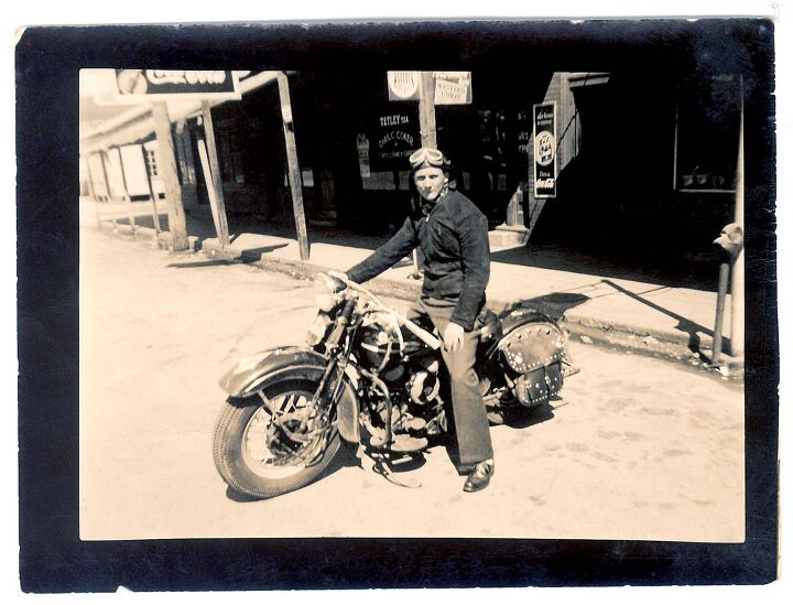 Wallace Van Sandt and his Harley-Davidson WLD, stopping for a brief photo before venturing on to his next destination.