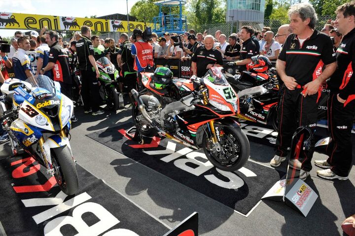 aprilia files appeal for monza race 2 wsbk results, Parc Ferme after the second WSBK race Note Sylvain Guintoli s Aprila RSV4 in the rear at the right sitting in the spot reserved for third place Tom Sykes Kawasaki Ninja ZX 10R is to the left behind it about to replace Guintoli s machine
