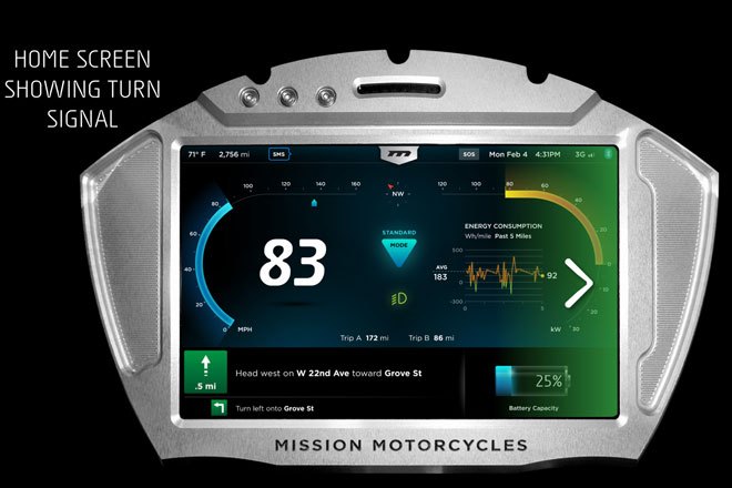 mission motorcycles to produce street legal electric sportbike mission rs, The hi def control panel is part of the MissionOS which controls every aspect of the RS