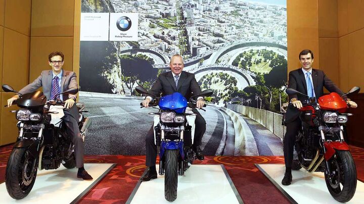 bmw begins motorcycle production in thailand, L to R Heiner Faust Head of Sales and Marketing BMW Motorrad Stephan Schaller Director of BMW Motorrad and Matthias Pfalz Head of BMW Group Thailand pose on F800R roadsters