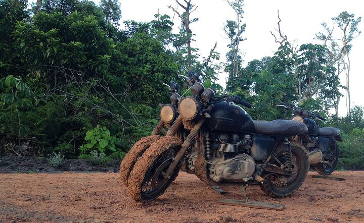 david beckham rides custom triumph bonneville into amazon rainforest, There are knobbies under all that mud