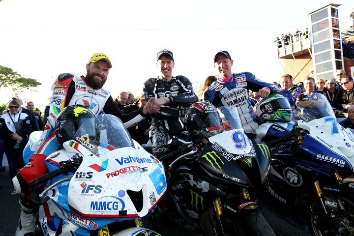 2015 isle of man tt monster energy supersport tt 1 results, From left Bruce Anstey second winner Ian Hutchinson and Gary Johnson third Photo by Pacemaker Press Intl