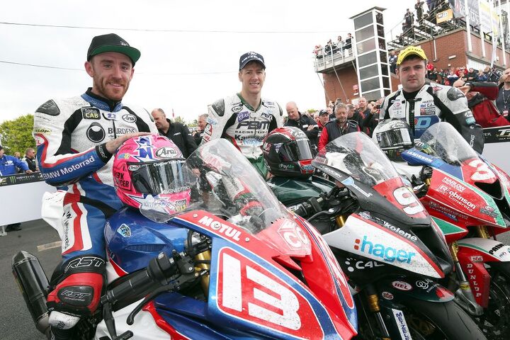 2015 isle of man tt rl360 superstock tt results, Lee Johnston left eat James Hillier at the finish line to take third place behind race winner Ian Hutchinson center and Michael Dunlop right Photo by Stephen Davison at Pacemaker Press International