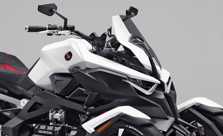 honda neowing leaning three wheeler hybrid concept revealed, The short windscreen and thinly padded seat mean the Honda NEOWING concept is no urban commuter like the Yamaha Tricity or Piaggio MP3