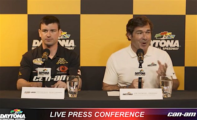 can am teases daytona 500 spyder announcement in faux press conference