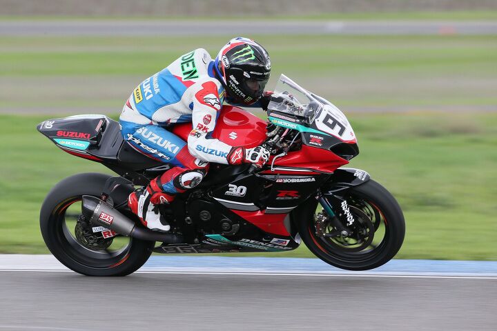kurtis roberts mentors dakota mamola at motoamerica test, Yoshimura Suzuki s Roger Hayden s test was hampered by illness that kept the Superbike racer off track for the most part on day two Photo by Brian J Nelson