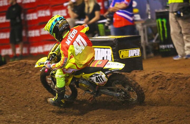 suzuki race weekend review, In Guthrie Oklahoma at the inaugural Lucas Oil JuniorMotoX event Team Suzuki Amateur Racing s Crockett Myers scored a third place finish in the 85cc 9 12 class aboard his Suzuki RM85 at the Lazy E Arena