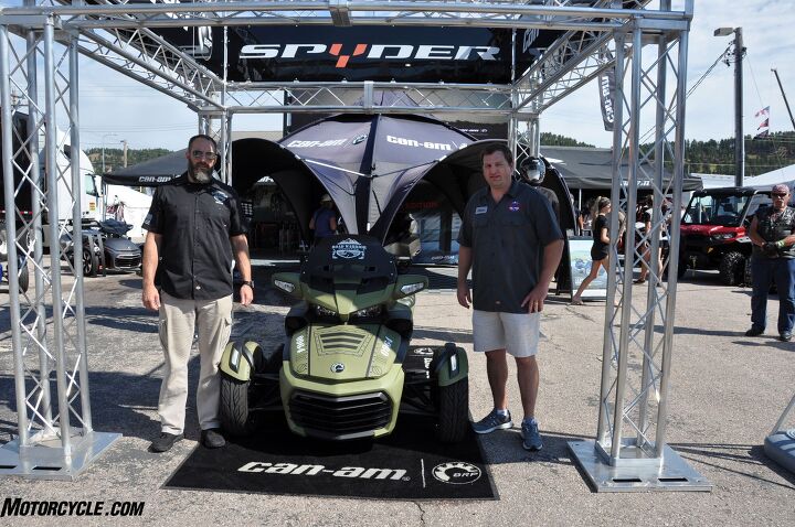 custom can am spyder to benefit veterans, Chris Little and Steve Berger of the Road Warrior Foundation with their new military themed Can Am Spyder that was presented to them by BRP this morning in Sturgis