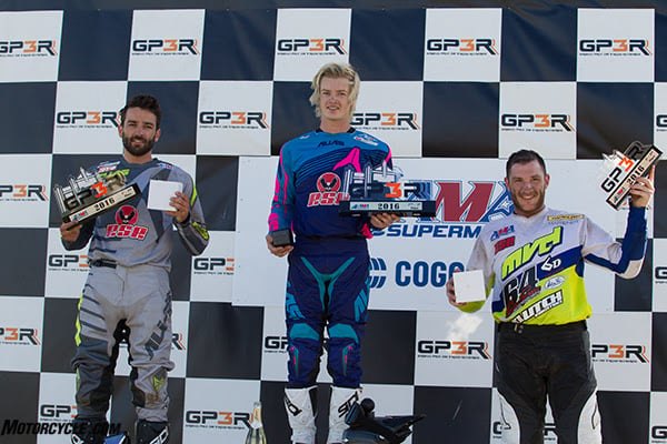 ama supermoto mcallister keeps streak alive mclean gets his first, Left to right Dustin Hoffman Gage McAllister and Shane Narbonne topped the podium in the second Pro Open main