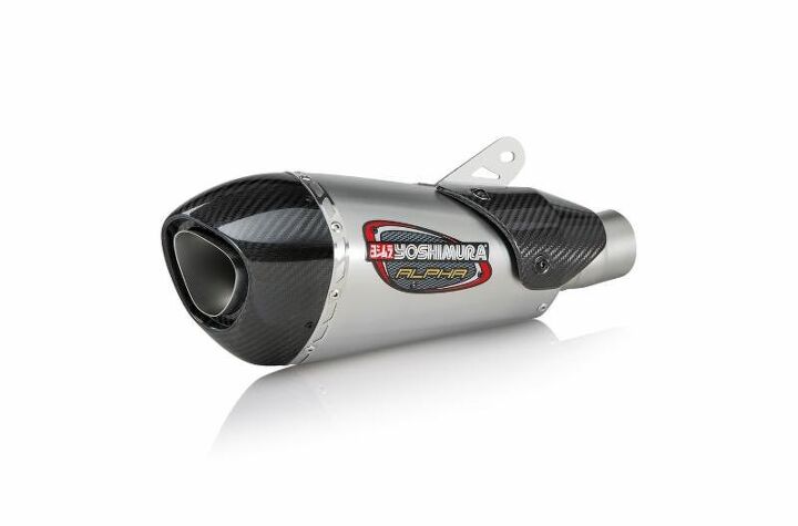 yoshimura announces alpha t exhaust for zx 10r gsx r1000 and yfz r1, Alpha T stainless muffler with exclusive Works Finish complete with carbon fiber heat shield
