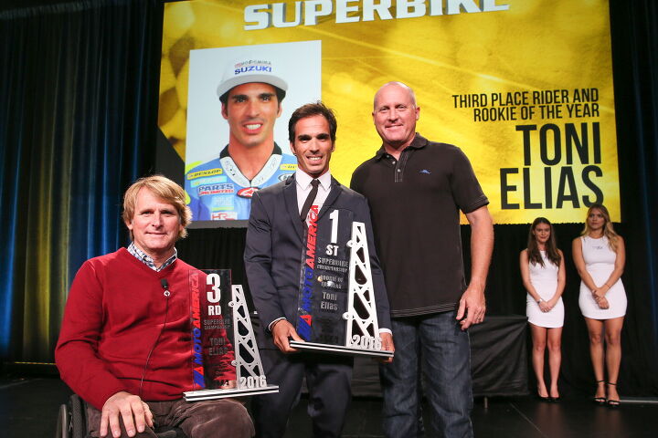 motoamerica celebrates its 2016 champions, Wayne Rainey and Kenny Roberts Jr presented Toni Elias with his MotoAmerica Superbike Rookie of the Year award at the Night of Champions in Orlando