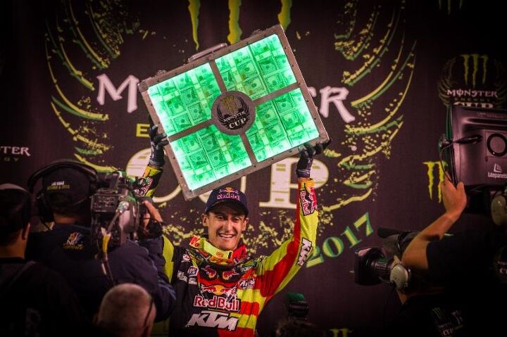 marvin musquin wins 1 million at monster energy cup, Marvin Musquin hoists the 1 million prize from winning the 2017 Monster Energy Cup Photo Credit Taku Nagami