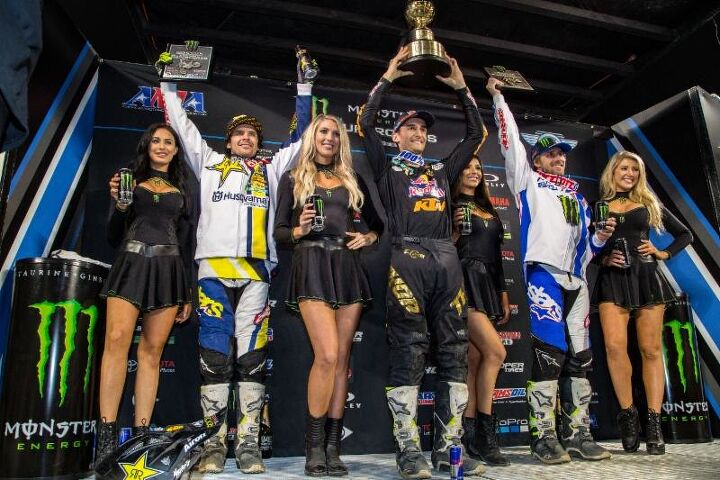 marvin musquin and shane mcelrath are your ama supercross anaheim 1 winners, 450SX Class Podium Photo Feld Entertainment Inc