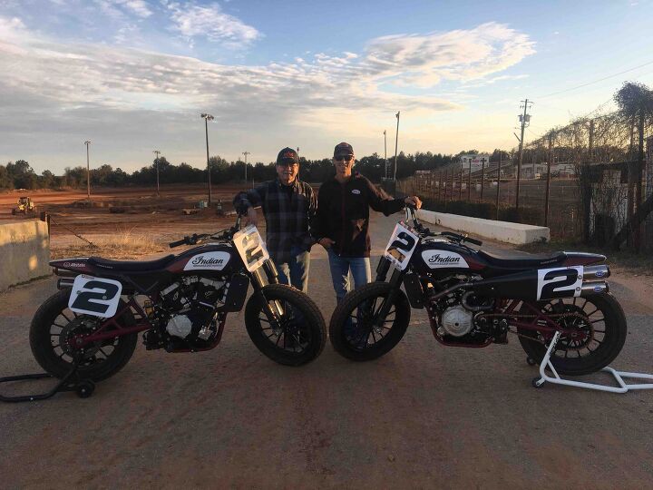 many american flat track privateer and pro racers gravitate to indian s ftr750 for, Coolbeth right joins longtime Twins tuner Dave Atherton left with help from John Wise and Lance Fox In early testing KC felt very comfortable on the FTR They did their homework he says