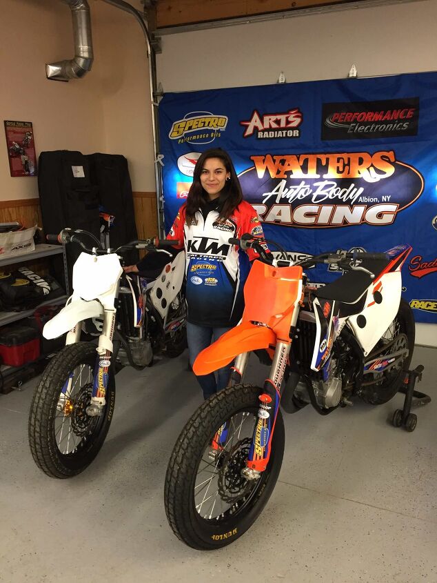waters autobody racing announces its co ed 2018 american flat track team, Shipman at Waters Autobody Racing HQ checking out the team s KTM race bikes