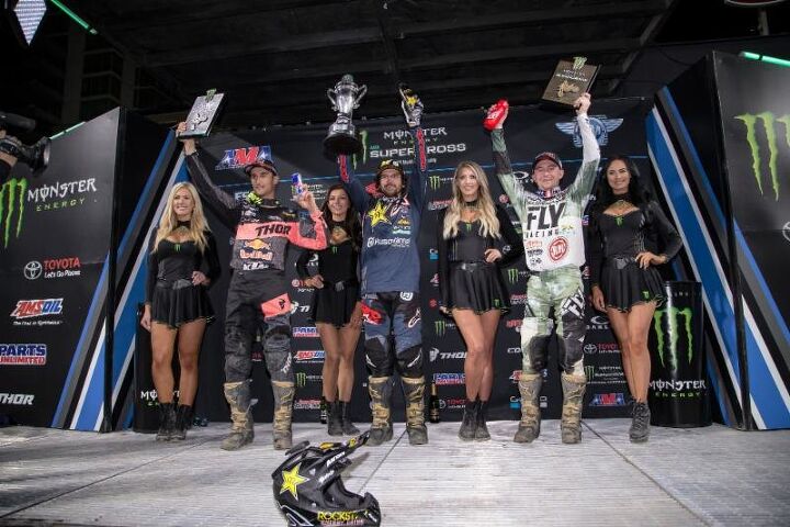 jason anderson secures second straight monster energy supercross win in san diego, The 450SX Class podium at Round 6 of the Monster Energy Supercross in San Diego California Photo credit Feld Entertainment Inc