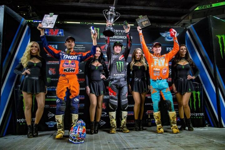 eli tomac takes third monster energy supercross win of 2018 in arlington tx, Tomac tops the 450SX Class podium for the third time in 2018 at Round 7 of the Monster Energy Supercross in Arlington Texas Photo Credit Feld Entertainment Inc