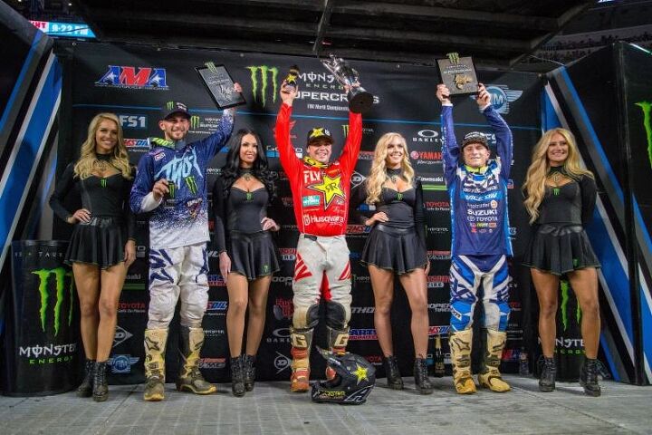 eli tomac takes third monster energy supercross win of 2018 in arlington tx, Defending champion Zach Osborne set the stage at the season opener of the Eastern Regional 250SX Class Championship with a win over Colt Nichols and Jimmy Decotis Photo credit Feld Entertainment Inc