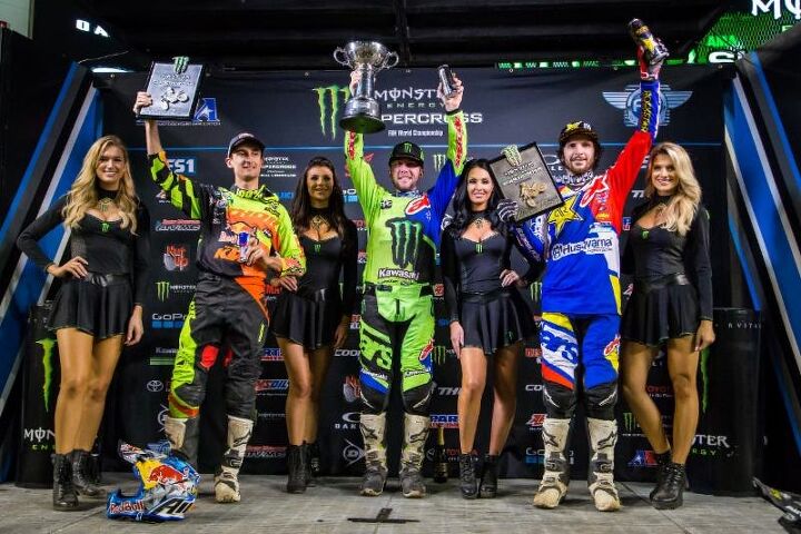 eli tomac captures fourth monster energy supercross win of 2018 in tampa, Tomac earned his fourth 450SX Class victory at Round 8 of the Monster Energy Supercross in Tampa Florida joining Marvin Musquin and Jason Anderson on the podium Photo credit Feld Entertainment Inc