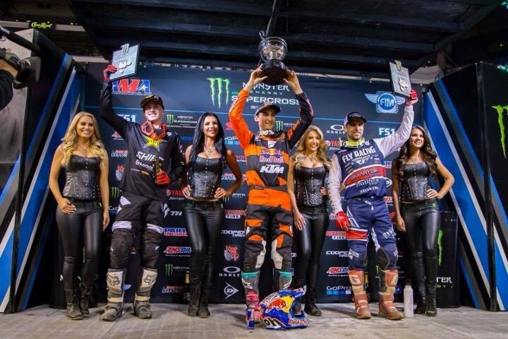 marvin musquin back on top with monster energy supercross win in indianapolis, Musquin stands atop the 450SX Class podium at Round 12 of Monster Energy Supercross in Indianapolis Photo credit Feld Entertainment Inc