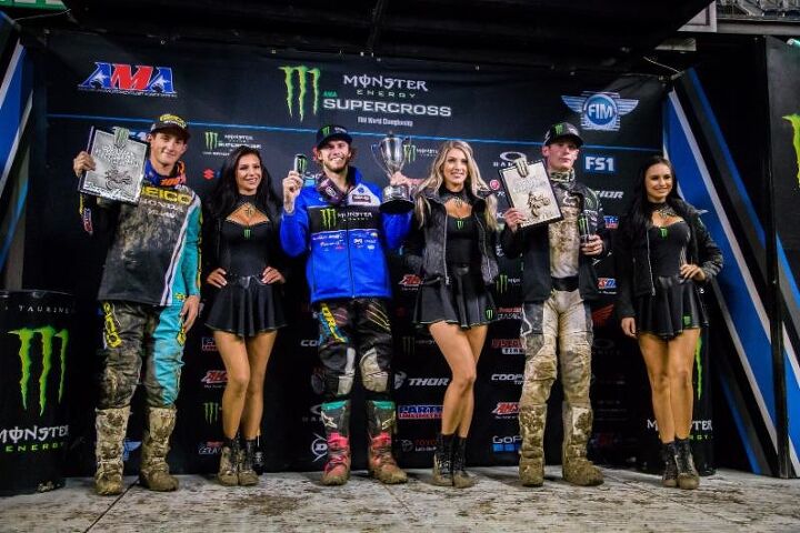 eli tomac toughs out a muddy monster energy supercross win in seattle, Aaron Plessinger extends his Western Regional 250SX Class points lead with his fourth win of the season in Seattle Photo credit Feld Entertainment Inc