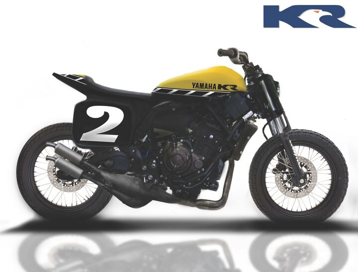 kenny roberts customized yamaha xsr700, Interesting no The XSR uses an FZ now MT 07 parallel Twin but KR s concept says TZ with the use of expansion chambers bumblebee paint and other dirt track accouterments