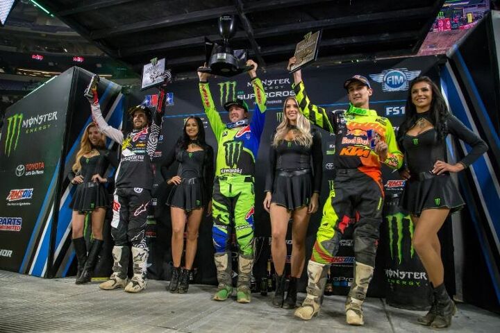 eli tomac secures 7th supercross win and triple crown championship victory in, Tomac is joined by Jason Anderson and Marvin Musquin on the 450SX Class podium in Minneapolis at Round 14 of the 2018 season Photo credit Feld Entertainment Inc