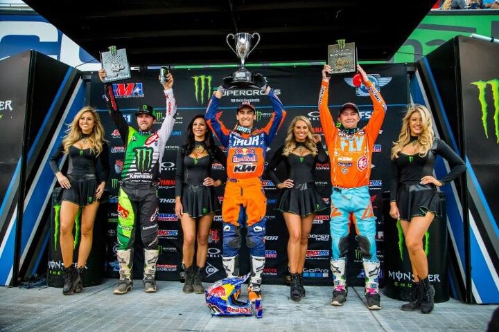 jason anderson s supercross championship points lead is slipping away, Marvin Musquin celebrates his fourth 450SX Class win after leading 23 of the 26 Lap Main Event in Salt Lake City Photo credit Feld Entertainment Inc