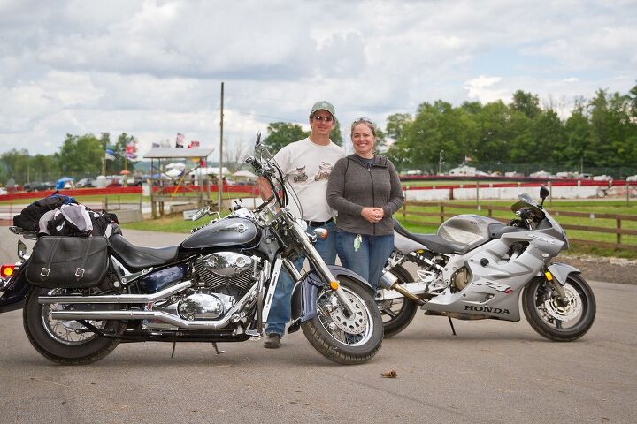 ashland dinner ride bbq and pit pass at 2018 ama vintage motorcycle days, Mike and Katie Meyers ready for the 2017 Ashland Dinner Ride at AMA Vintage Motorcycle Days Katie rode her 2005 Honda CBR600 alongside her husband Mike on his 2004 Suzuki Beluga