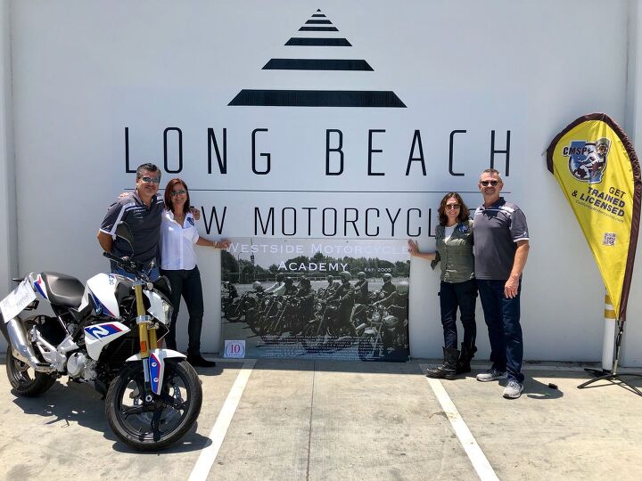 long beach bmw partners with westside motorcycle academy to train next generation of, Long Beach BMW Motorcycles co owners Charles Berthon and David Lindahl with Westside Motorcycle Academy co owners Erika Willhite and Amanda Cunningham From left Charles Erika Amanda and David