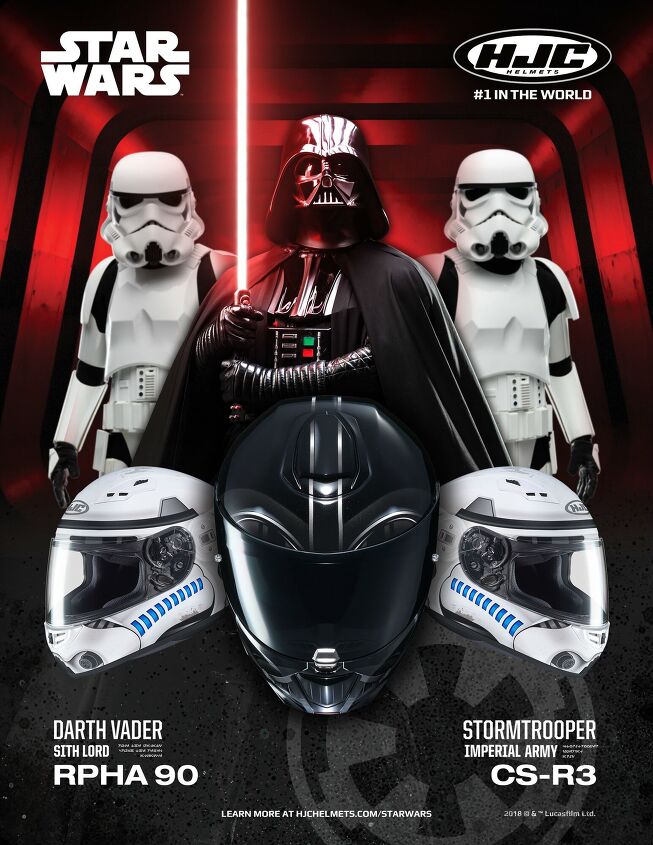 hjc releases new star wars helmet graphics, Darth Vader themed RPHA 90 and Stormtrooper themed CS R3 helmets