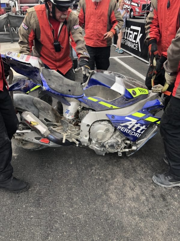 one superbike to rule them all until it crashes, Josh Herrin s Yamaha was destroyed in his crash during morning warmup and Herrin wasn t able to make the race Photo by Paul Carruthers
