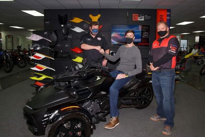 wounded veteran awarded custom can am spyder, Caption Handoff of the Can Am Spyder F3 S to deserving veteran Aubrey Hand who is posing with RWF co founder Steve Berger and Henry Crocker General Manager of Rock Hill Powersports at Rock Hill Powersports in Rock Hills South Carolina