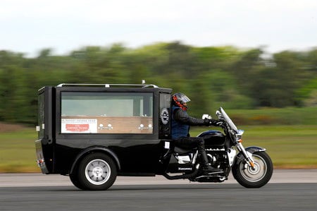 man of god sets guinness world speed record with triumph rocket motorcycle hearse