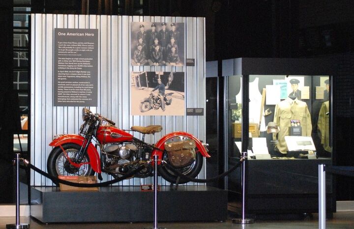 The WLD exhibit at the Harley-Davidson Museum. Beside the motorcycle is the display of Van Sandt's belongings.