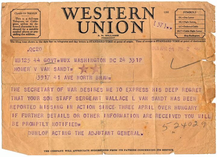 The telegram Wallace's father, Homer, received to inform the family of the bad news. Back then, this was the impersonal manner in which status updates were delivered.