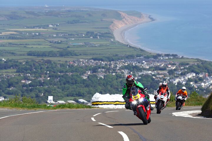 TT Rider Liaison John Barton leading newcomers on their first lap of the Mountain Course. Photo by Dave Kneen (https://www.manxphotosonline.com)