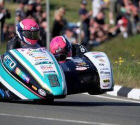 Founds and Walmsley, TT Sidecar Race runners up, with two of three wheels on the pavement. Photo by Isle of Man TT Races.