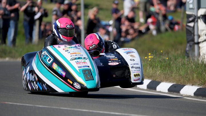 Founds and Walmsley, TT Sidecar Race runners up, with two of three wheels on the pavement. Photo by Isle of Man TT Races.