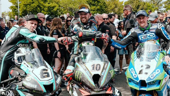 The Big Three after the Senior TT. Hickman, Harrison and Dunlop. Photo by IOMTT.
