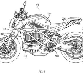  Zero uses an SR/F to illustrate a motorcycle with an electric motor. The radiator (#118) would be in a conventional position behind the front wheel, where a protective cover currently sits on the production SR/F.