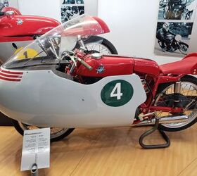 Dustbin fairings were a novel idea in terms of aerodynamics in a straight line, though any significant crosswind would spell trouble fast. This 1956 250 monocilindrico corsa only made 31.6 horsepower (at 10,000 rpm!) from its 250cc Single with two gear-driven camshafts, but its five-year racing career between 1955 and 1959 would see it win five Italian championships, 12 grand prix, and 42 total victories.