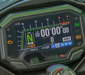 The full-color TFT display on the Kawi easily out-classes the Yamaha’s LCD screen, not only for its looks, but also for its functionality. Photo: Kevin Wing 