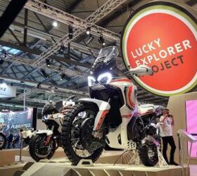 From the start, the Lucky Explorer Project branding drew inspiration from the Cagiva Elefant (pictured in the background at left) right down to the colors and the logo design. All of that is now set to change. Photo by Ryan Adams.
