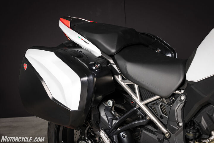 The tail section of the bike has been redesigned for a more sporty look that does away with the external passenger grab handles seen on other Multistradas and instead incorporates it into the design. The mounts for the saddlebags are also integrated. Note also the titanium subframe. 