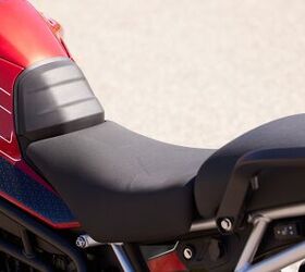 There’s a new, roomier saddle for 2024, but it comes at the expense of a little extra seat height. Look close and you’ll see the heated seat button under the passenger seat. This is available on GT Pro and Rally Pro models.