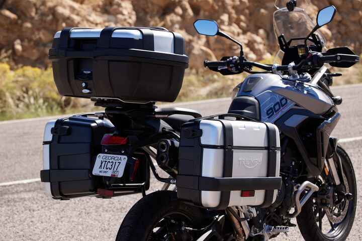 This is the Trekker package for the Tiger 900 GT and GT Pro wrapped up in one photo. Huge panniers and top case to take you virtually anywhere paved roads will go. 