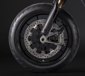 The brake discs are specifically developed for the Hypermotard 698 Mono, with an aluminum flange that Ducati says weighs 17% less than a steel unit.