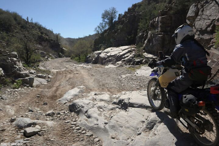 Yamaha has made a great little off-road traveler, but even the minimal obstacles like this rock shelf was amplified by the moto’s lacking technology. 